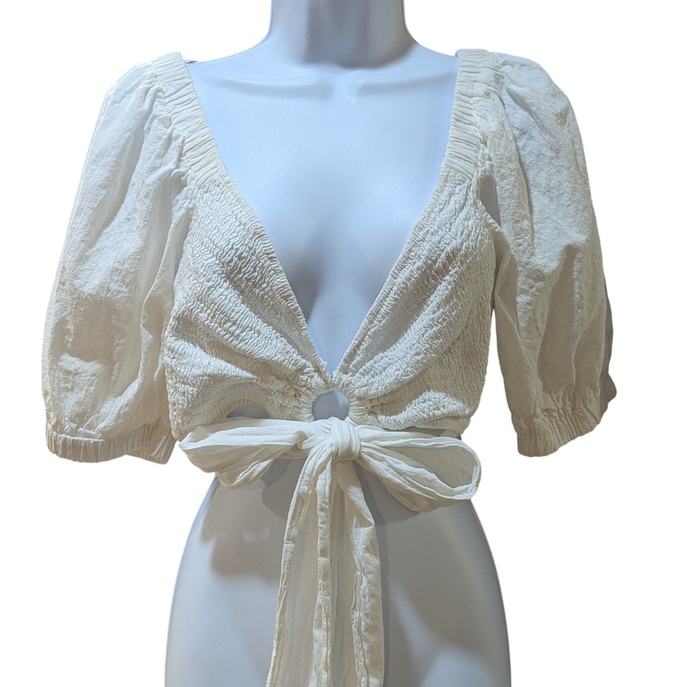 Mustard Seed Womens White Cotton Puff Sleeve Tie Front Smocked Crop Top Large